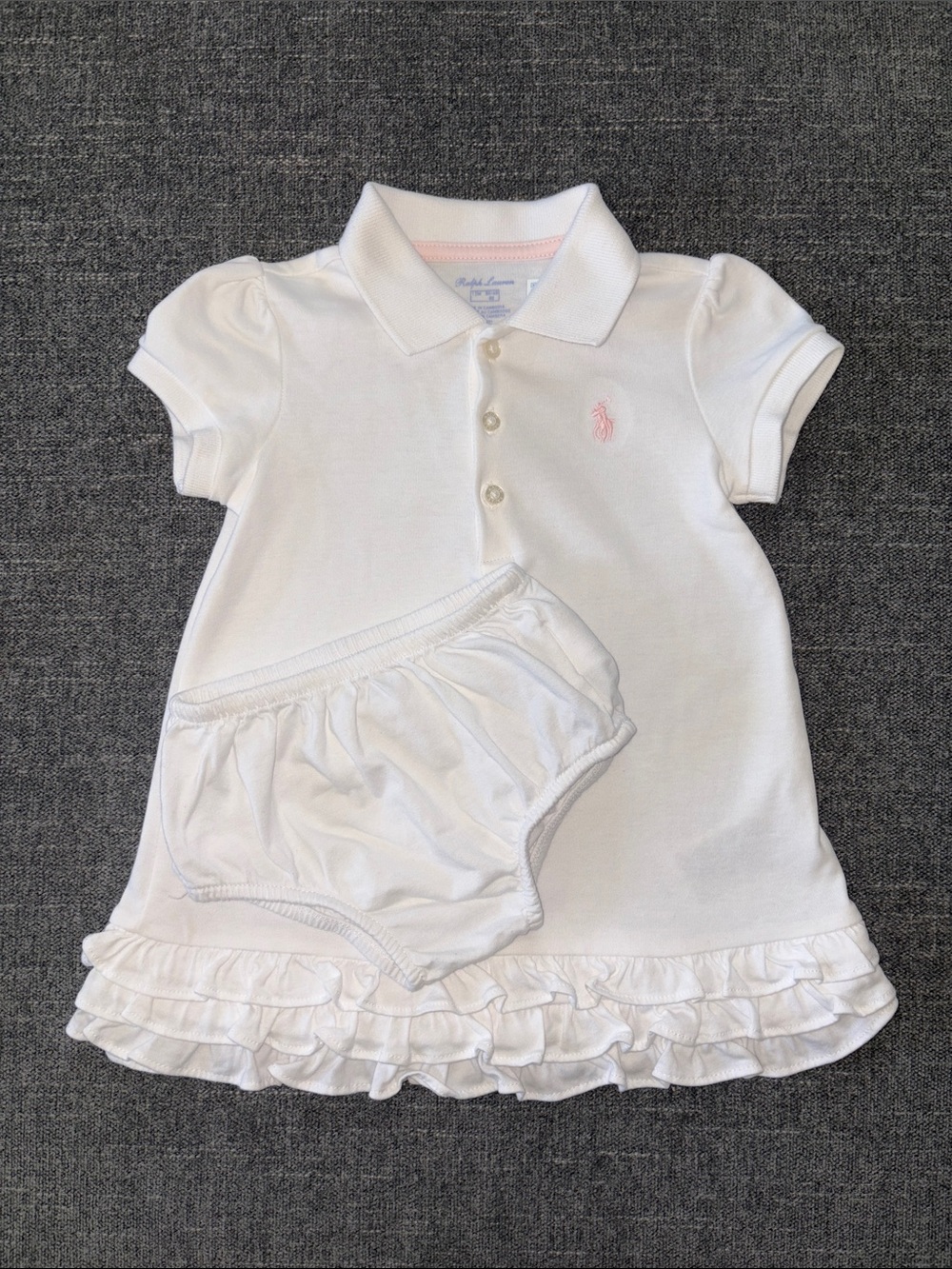 Ralph Lauren White Polo Ruffle Dress with Pink Pony Embroidery